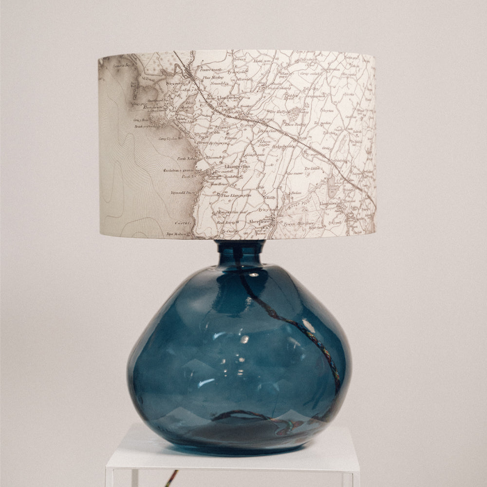 Large Blue Recycled Glass Lamp - with custom old map lampshade