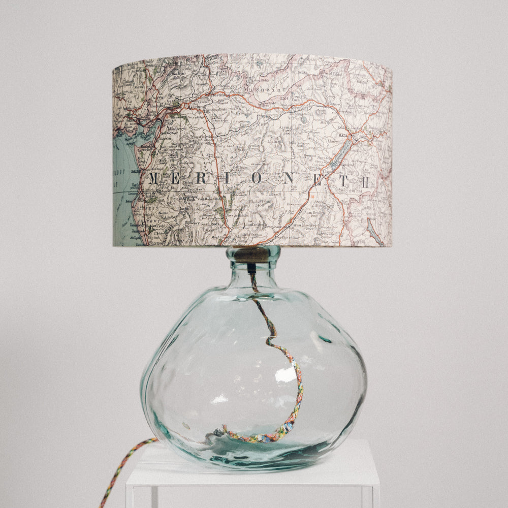 Large Clear Recycled Glass Lamp - with custom old map lampshade