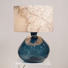 Load image into Gallery viewer, Large Blue Recycled Glass Lamp - with custom old map lampshade
