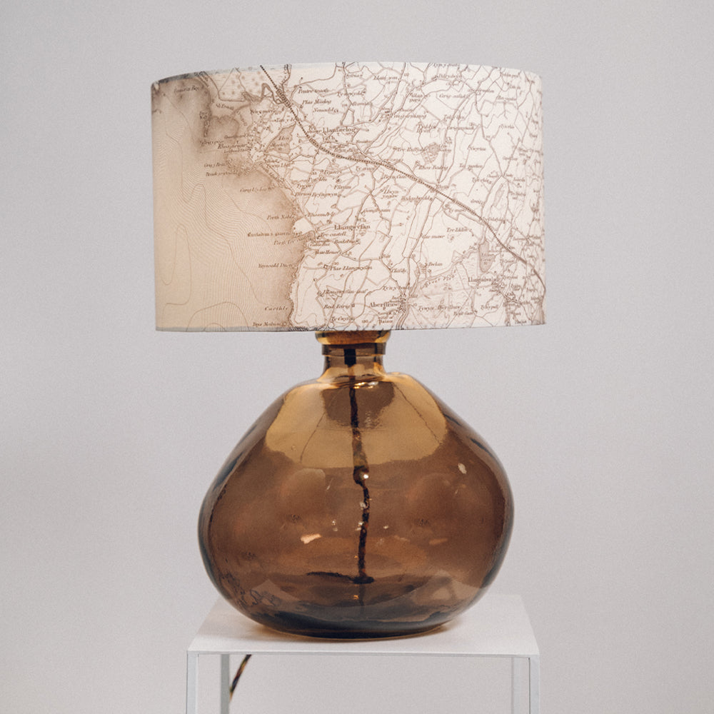 Large Smoke Grey Recycled Glass Lamp - with custom old map lampshade