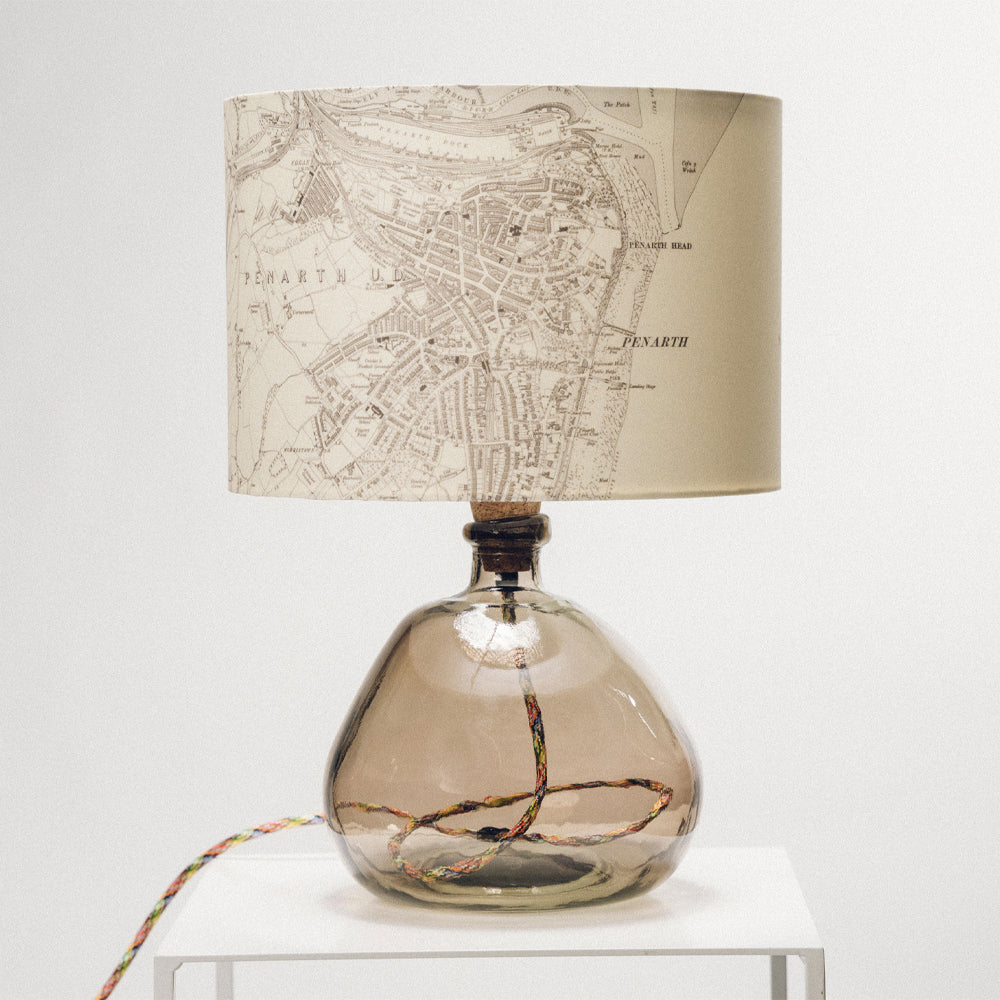 Smoke Grey Recycled Glass Lamp Small - with custom old map lampshade