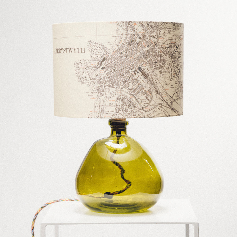 Green Recycled Glass Lamp - with custom old map lampshade