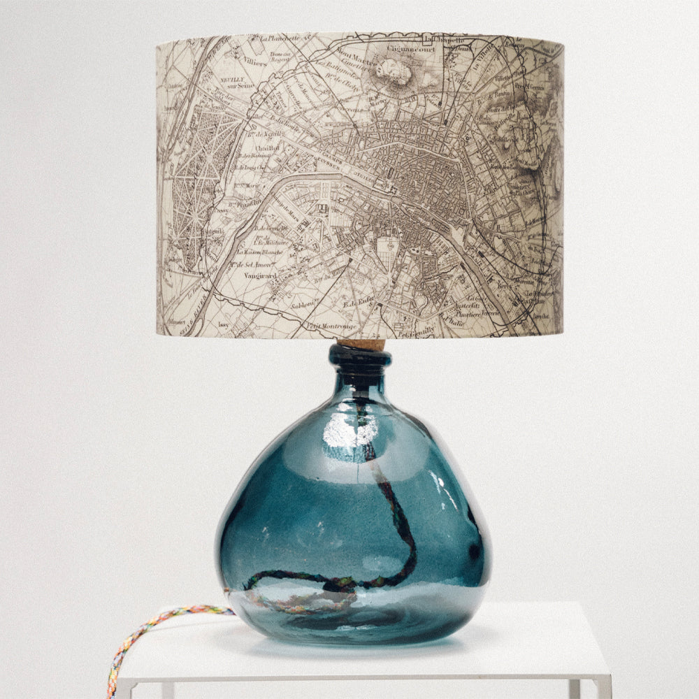 Blue Recycled Glass Lamp Small - with custom old map lampshade