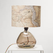 Load image into Gallery viewer, Smoke Grey Recycled Glass Lamp Small - with custom old map lampshade
